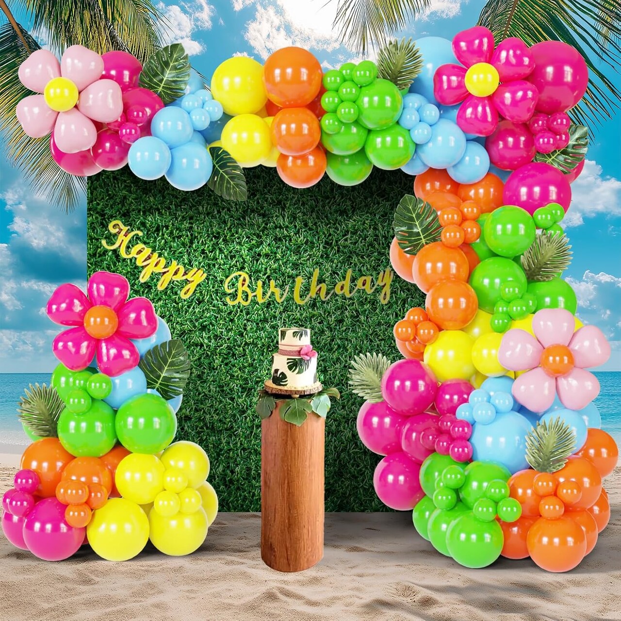 153PCS Summer Balloon Arch Garland Kit with Hot Pink Orange Yellow Green Blue Balloons